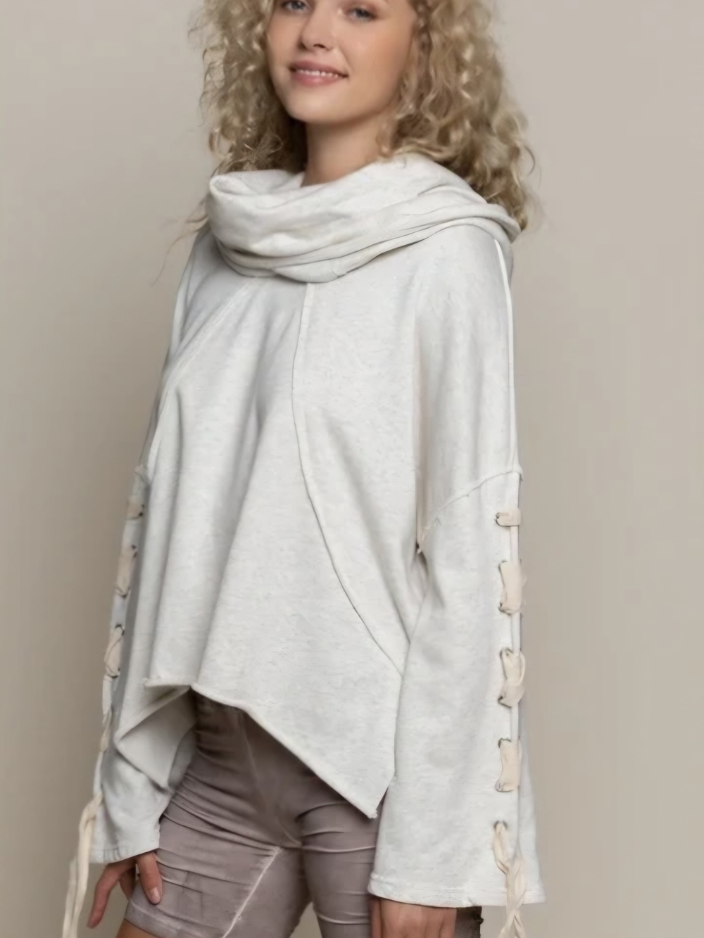POL Lace Up Raw Edge Relaxed Cowl Neck Hoodie Sz L
